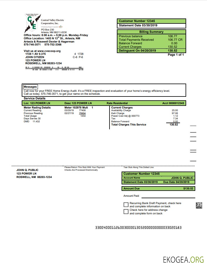 USA New Mexico electricity proof of address utility bill template in Word and PDF format